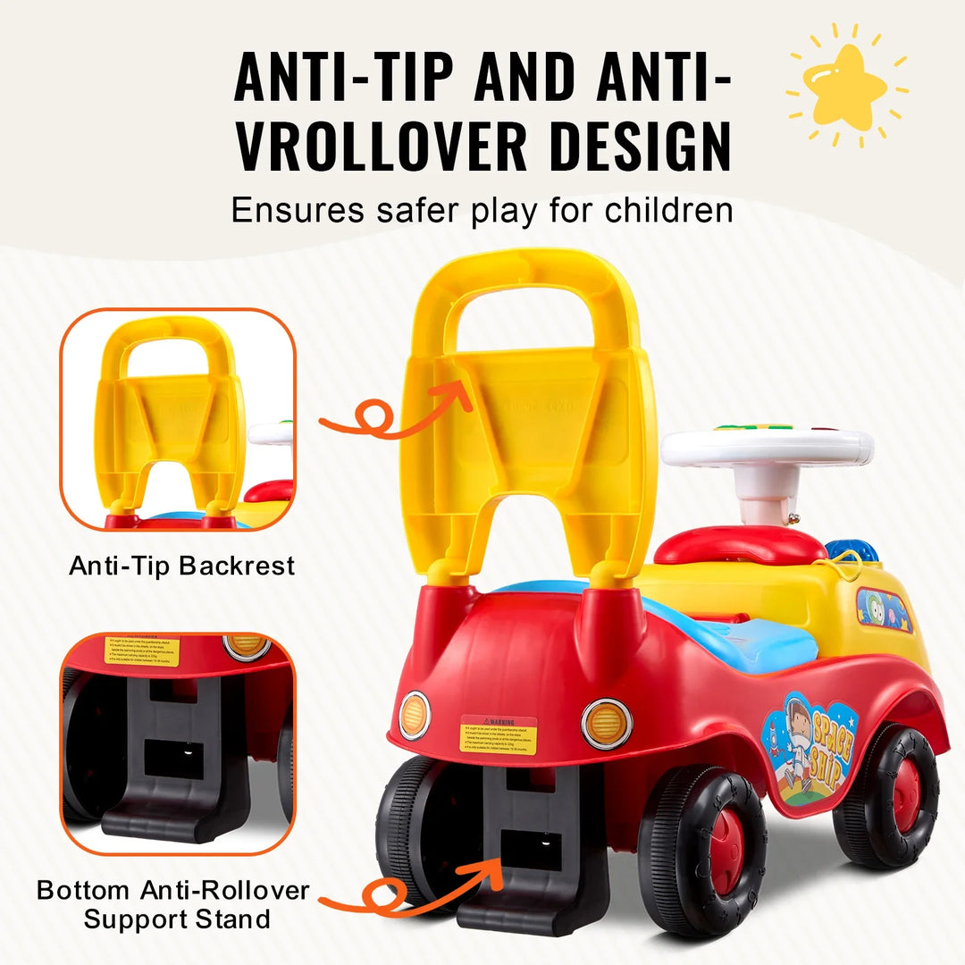 Multi-angle view of a pink toddler push car featuring music, storage, and sturdy anti-tip base
