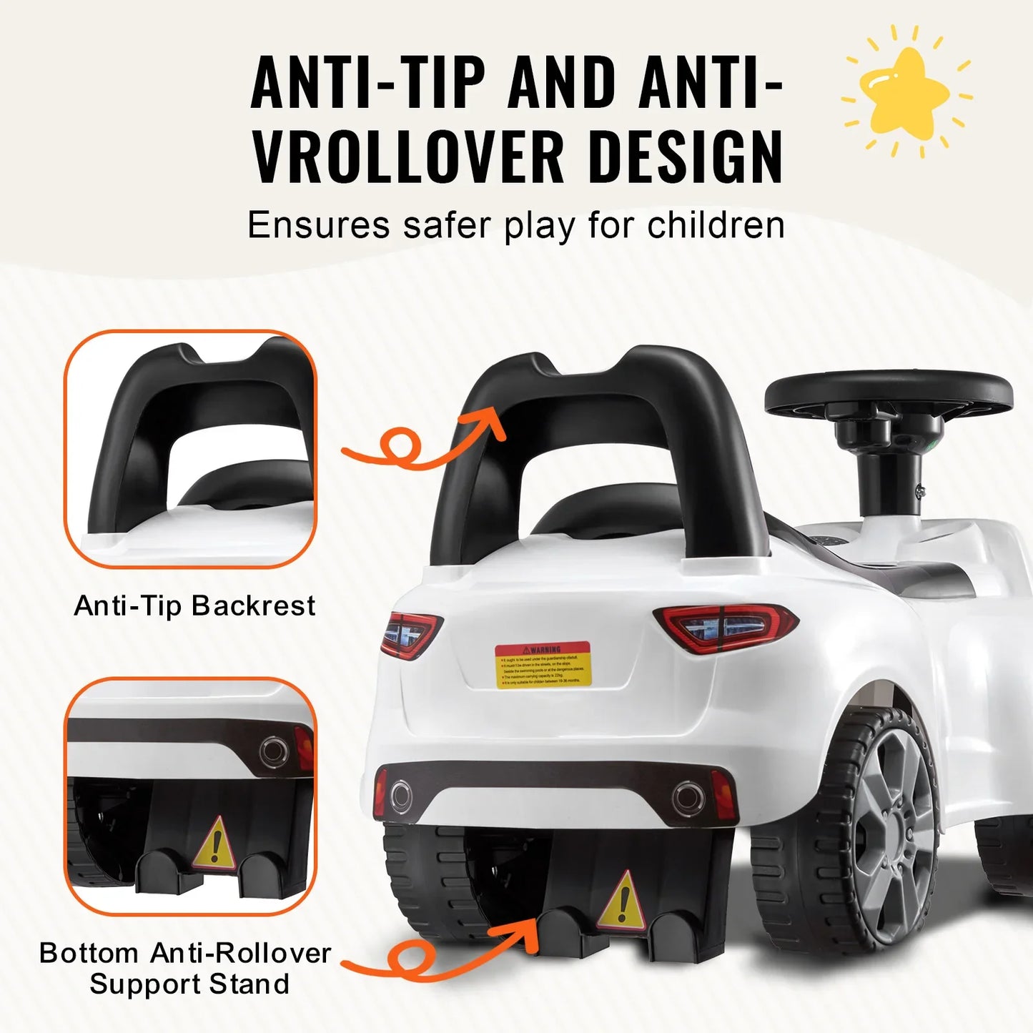 Orange ride-on car with a child's hand on the steering wheel, featuring storage space