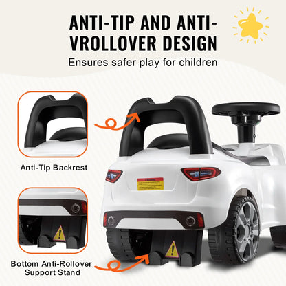 Orange ride-on car with a child's hand on the steering wheel, featuring storage space