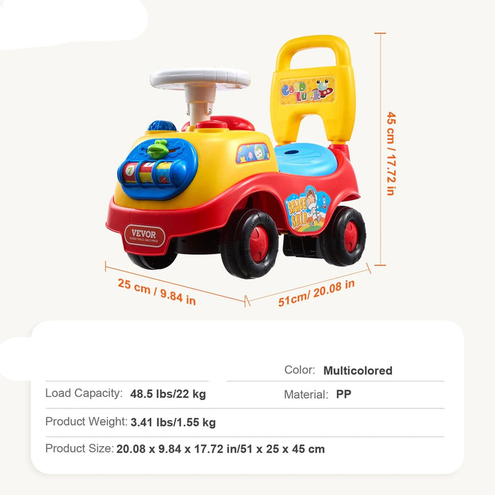 Happy toddler playing with a yellow ride on push car, utilizing its storage and musical toy functions