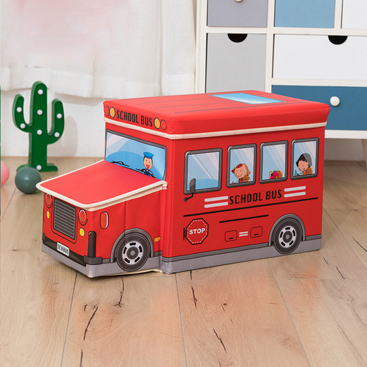 Red toy storage bus box with a padded seat for kids' playroom organization, front view.