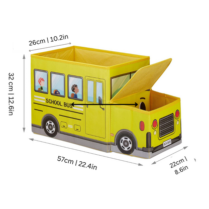 Kids' yellow storage bench shaped like a fun school bus, perfect for toddler room decor.