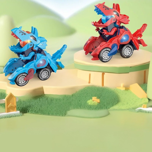 Red transforming dinosaur race car toy for kids, fun friction powered and musical.