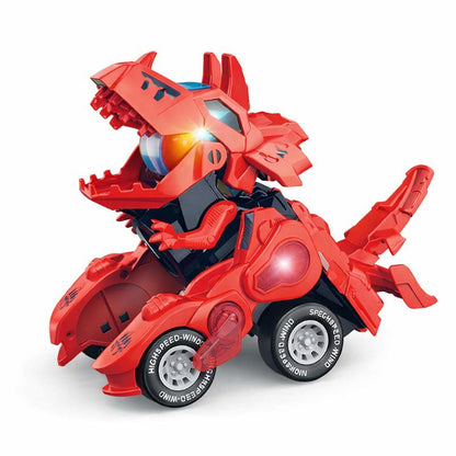 Transforming toy for children, a green dinosaur race car with musical features, perfect for kids.