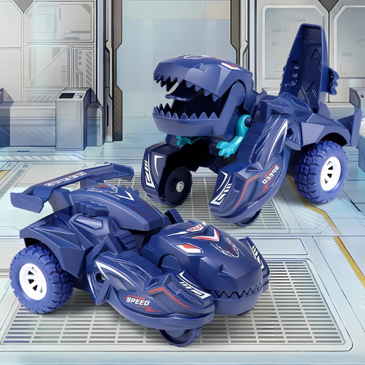 Red transforming dinosaur race car toy for kids, in car mode with sleek design, ready for imaginative play.