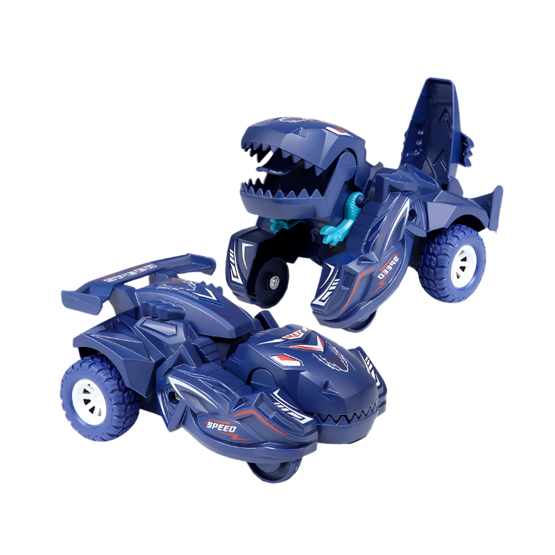 Kids' transforming dinosaur race car toy in fully transformed dinosaur mode, vibrant color, detailed prehistoric play figure.