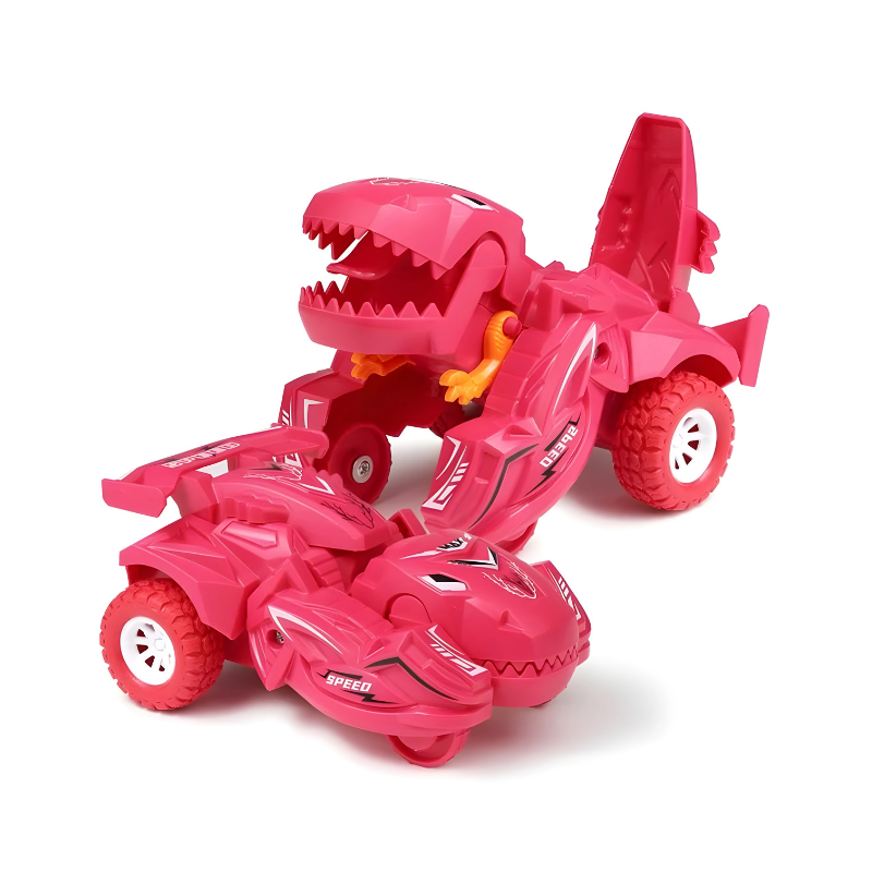Close-up of a transforming dinosaur race car toy's wheels, emphasizing its sturdy design for action play.