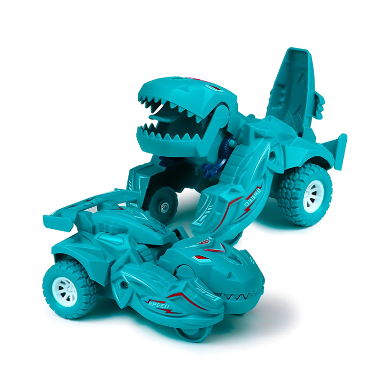 Child's hand holding a transforming dinosaur race car toy, illustrating scale and interactive boys/girls toy.