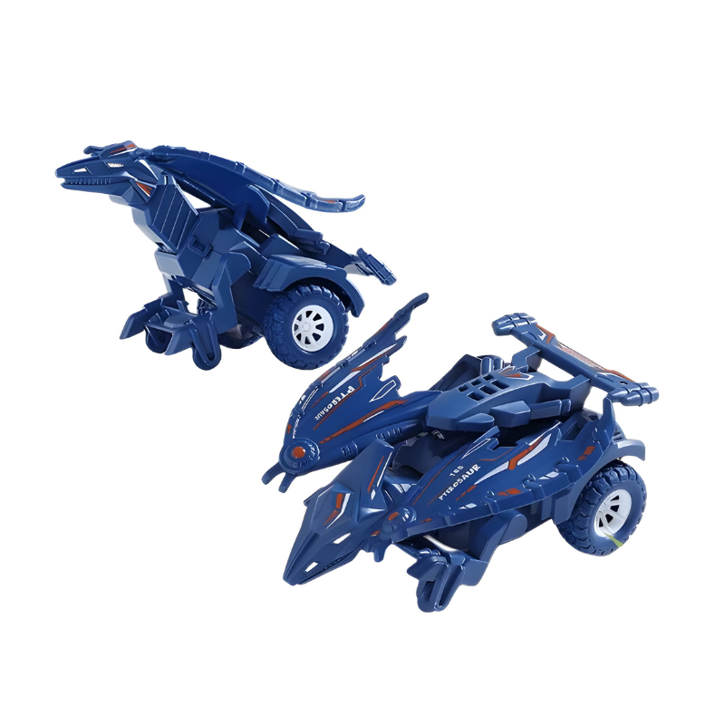 Dynamic shot of a transforming dinosaur race car toy speeding, blurred background suggesting fast-paced imaginative play.