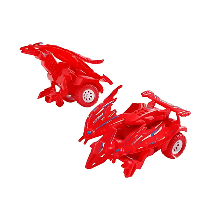 Packaging for a transforming dinosaur race car toy, highlighting key features and suitable for kids' gift.