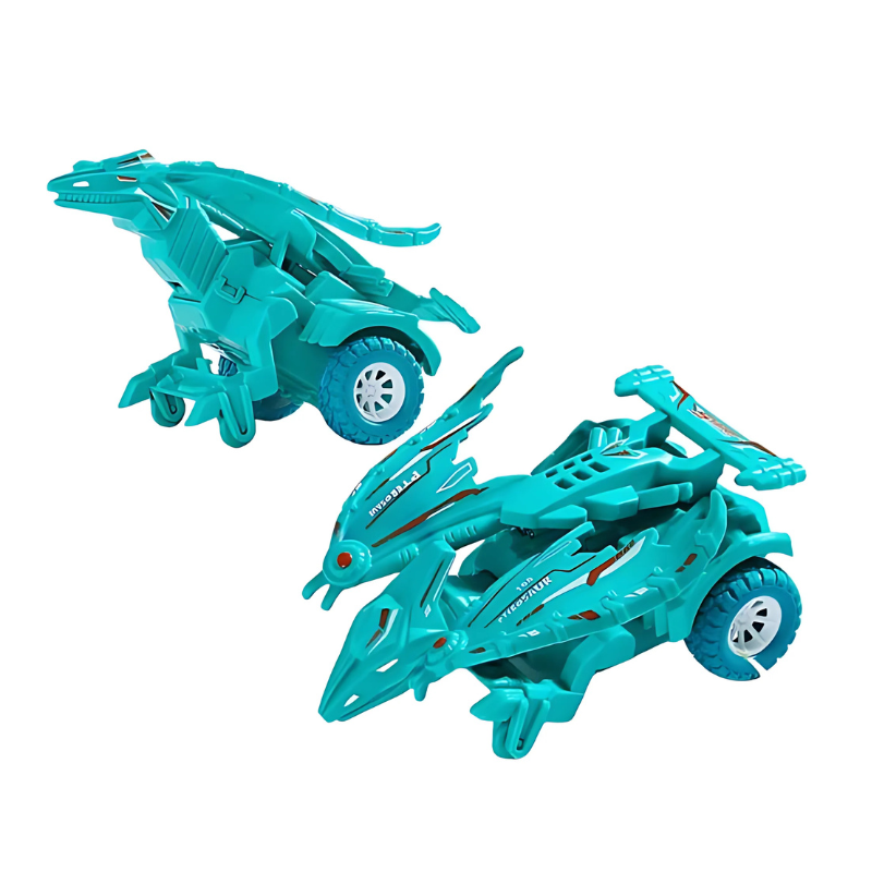 Assortment of transforming dinosaur race car toys in various colors, demonstrating the range for prehistoric imaginative play.