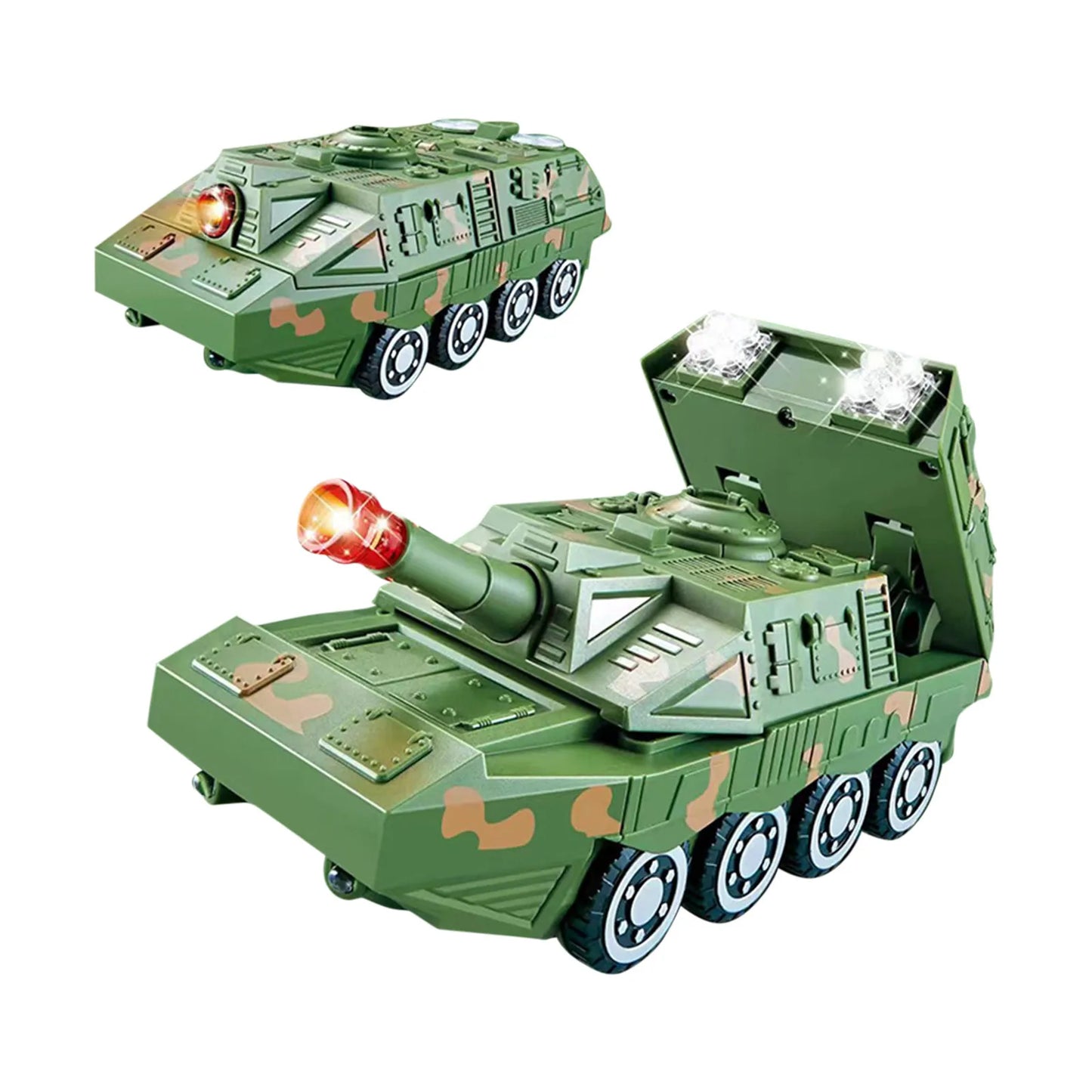 Red transforming robot toy car with obstacle detection in car mode on a play mat
