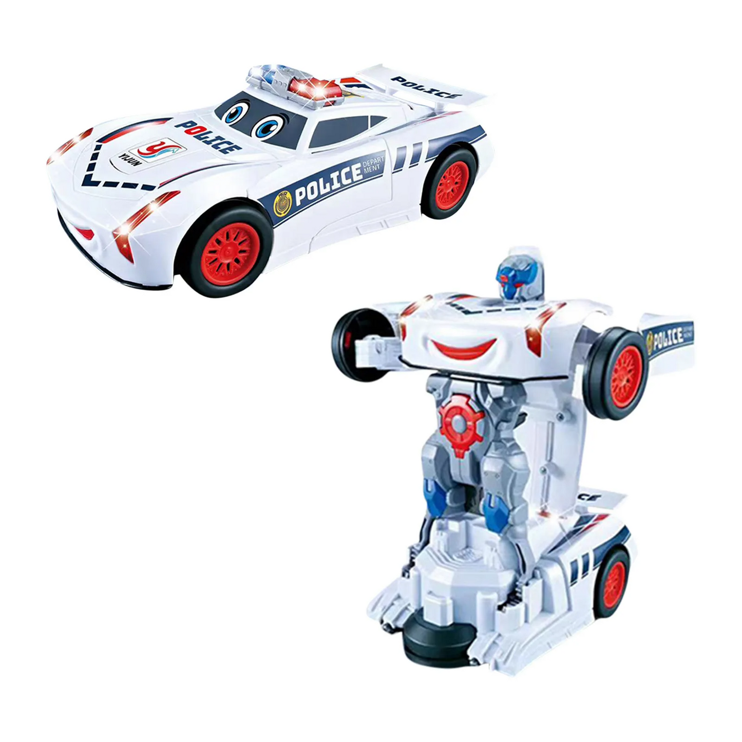 Blue transforming robot toy car in robot mode, detailed view of its design
