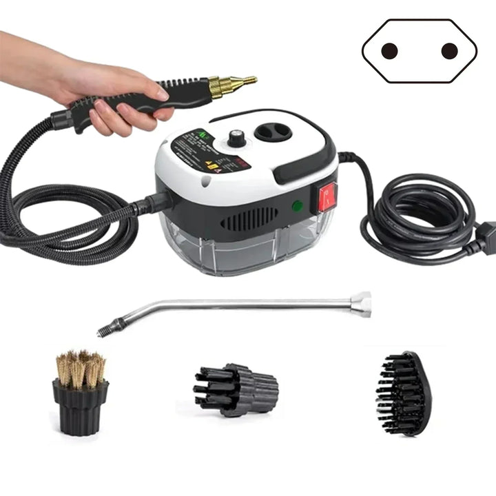 Powerful 2500W steam cleaner in red & white, delivers deep, sanitizing, multi-surface home cleaning.
