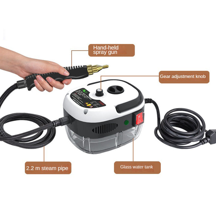 Red 2500W multi-surface steam cleaner. Effective for chemical-free home cleaning & sanitizing.