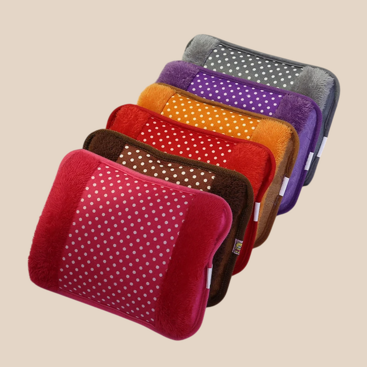Red wireless electric heating pad for baby and family comfort, portable muscle relief plush design.
