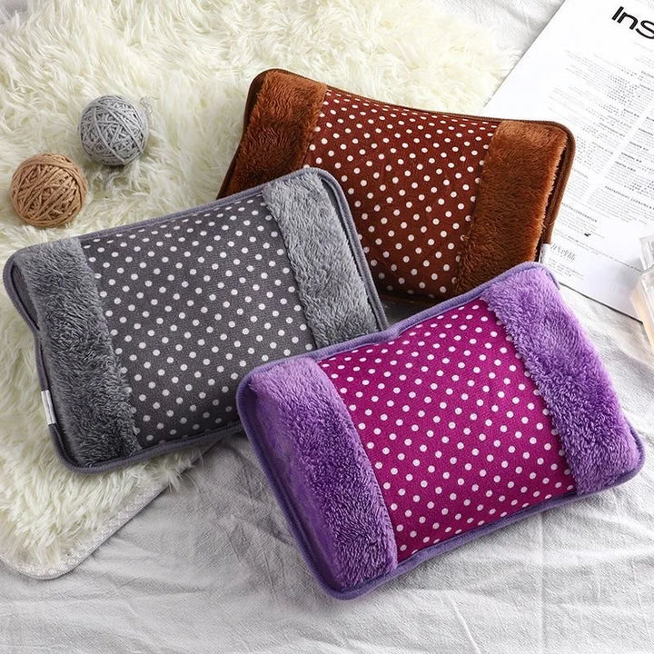 Purple plush wireless heating pad for baby care and muscle relief, auto shutoff feature.