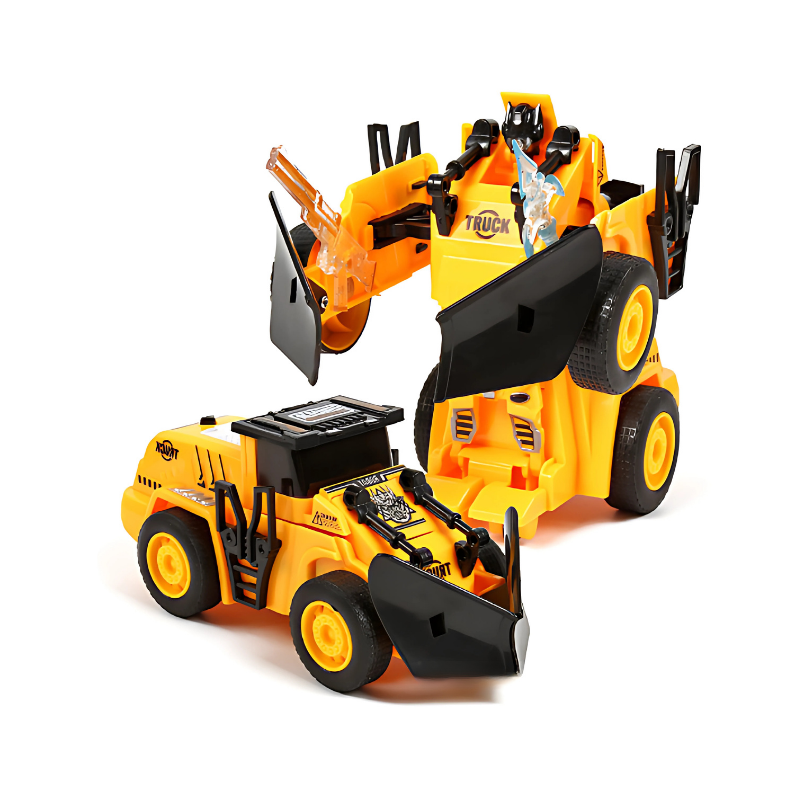 Interactive kids' robot toy in construction vehicle mode, a yellow and red transforming plaything