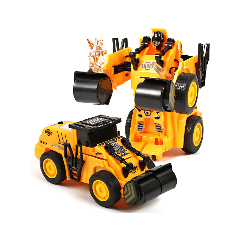 Close-up of a transforming construction robot toy, detailing its dual mode for imaginative kids' play
