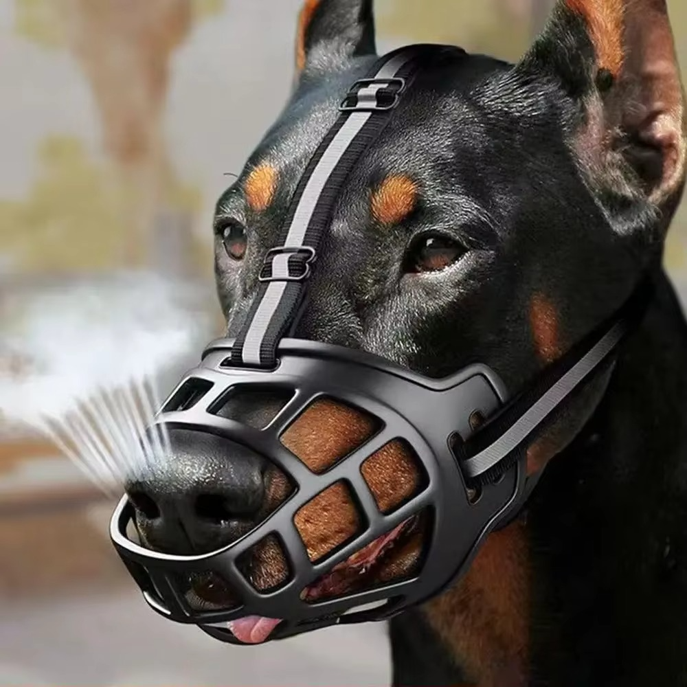 Reflective dog muzzle for pet safety. Comfortable, breathable, and water-friendly design for all-day wear.