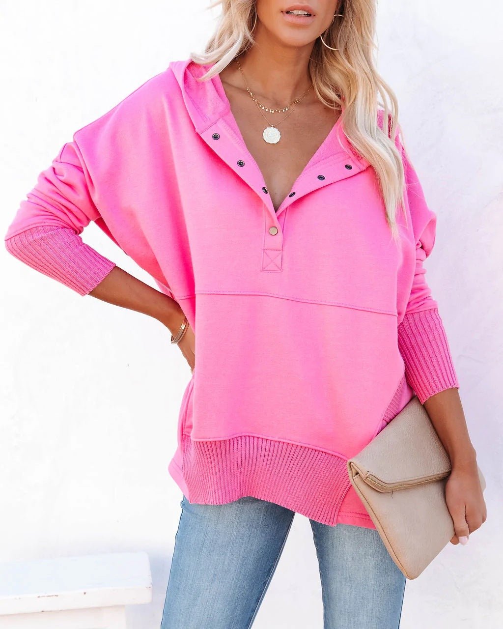 Cozy women's relaxed fit tunic hoodie, longline pullover sweatshirt designed for ultimate comfort.