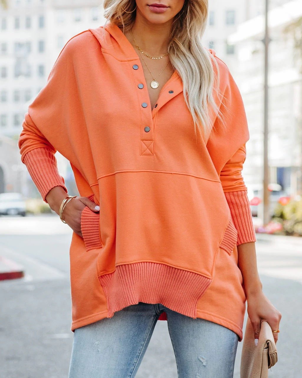 Everyday wear women's relaxed tunic hoodie, comfortable longline pullover sweatshirt with pockets.
