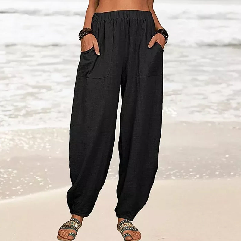 Stylish women's wide-leg beach pants, perfect for a relaxing day by the ocean or summer holiday travel.