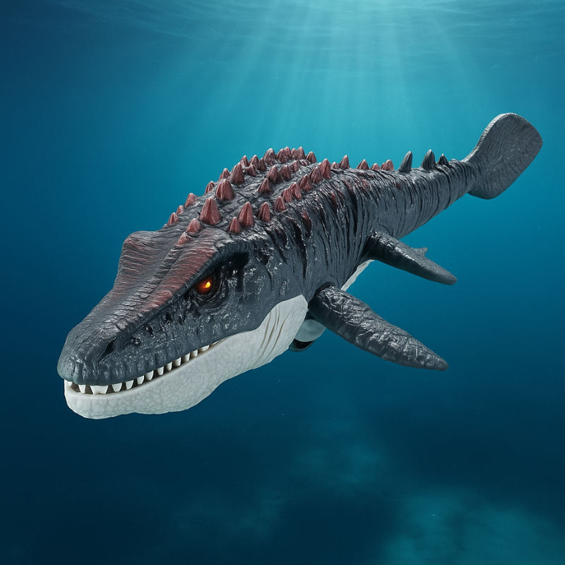 Remote control swimming dinosaur toy spraying water, ideal kids' bath or pool fun gift.