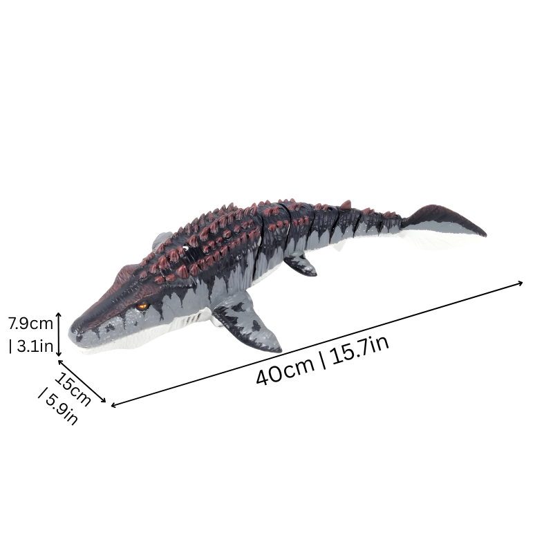 RC swimming dinosaur with water spray feature, a cool action figure for boys and girls.