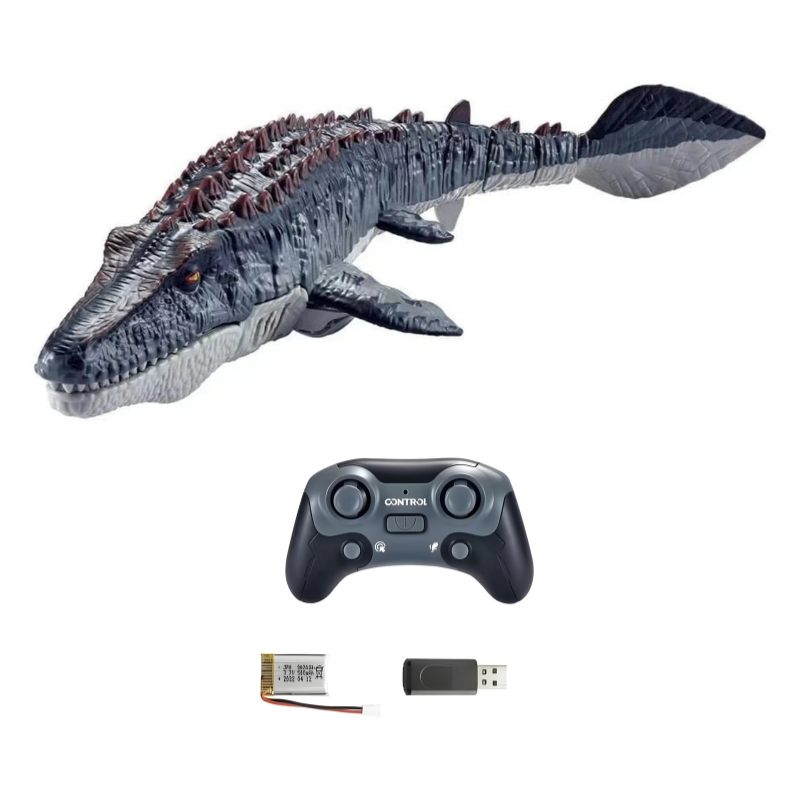 Kids' remote control dinosaur toy, swims and sprays water, perfect for pool or tub play.