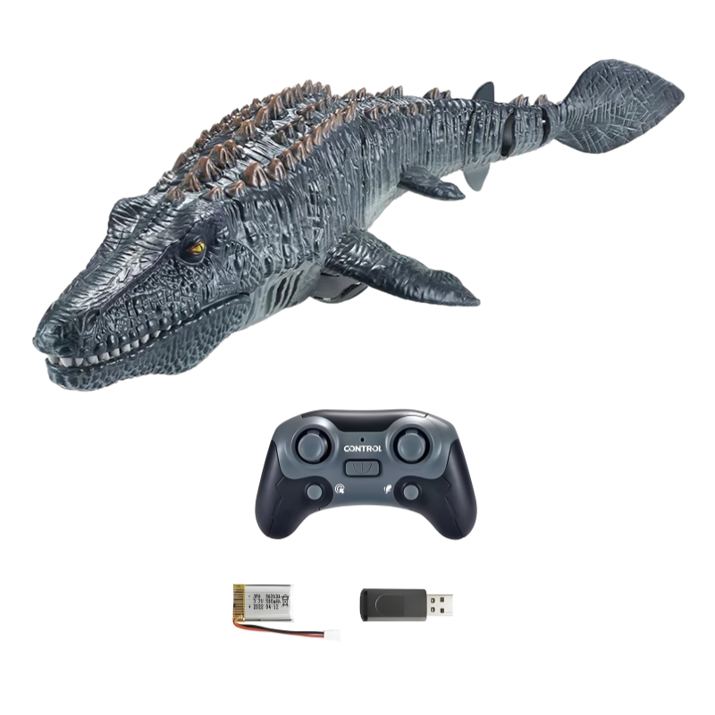 Blue RC swimming dinosaur toy with water jet, an exciting water toy and gift for children.