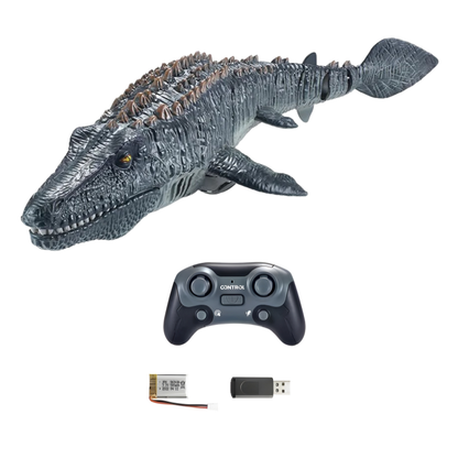 Blue RC swimming dinosaur toy with water jet, an exciting water toy and gift for children.