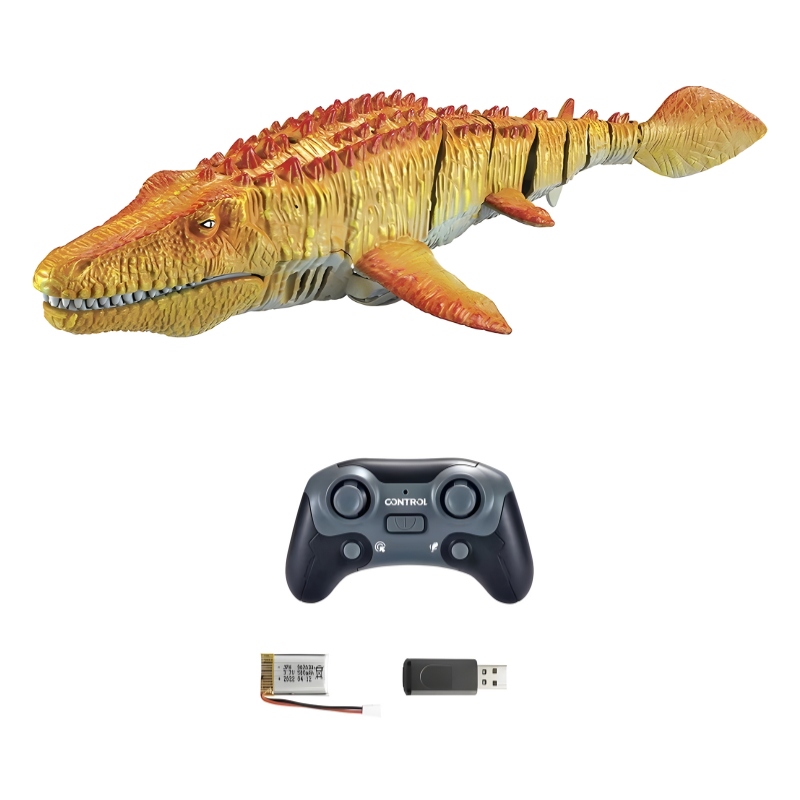 Water spraying remote control dinosaur action figure, fun swimming toy for kids.