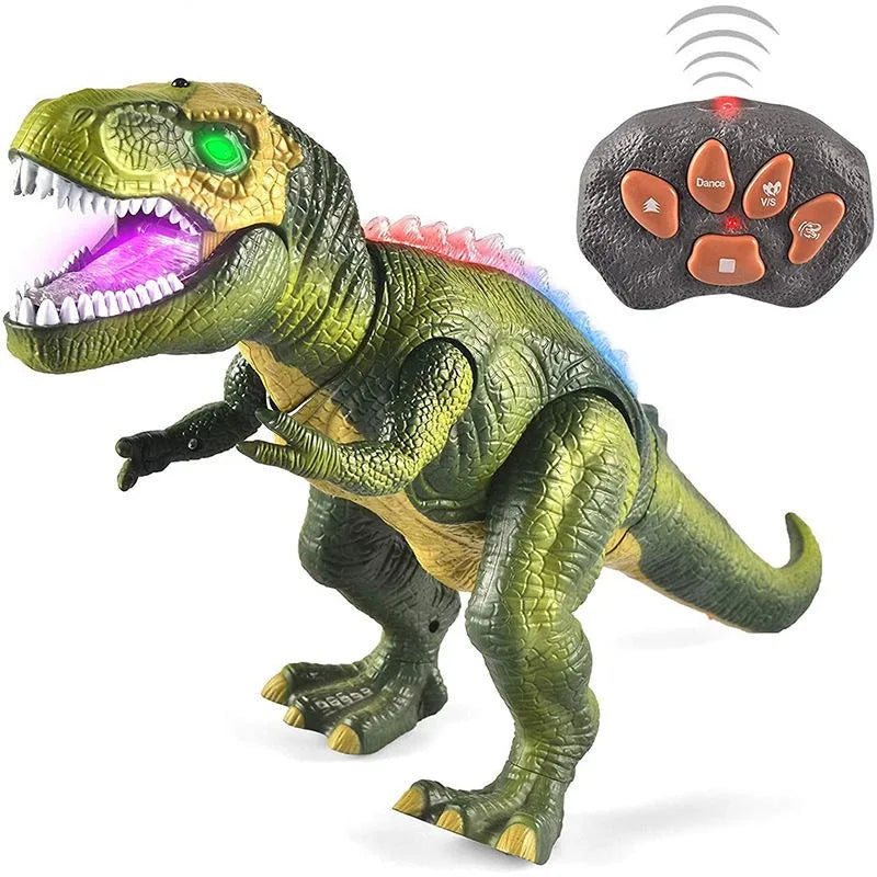 Remote control T-Rex dinosaur toy with walking action, roaring sounds, & LED eyes. Great kids' gift.