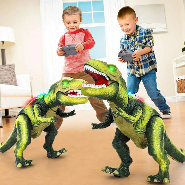 Kids' RC T-Rex dinosaur toy. Remote controlled walking, roaring, & glowing eyes for interactive play.