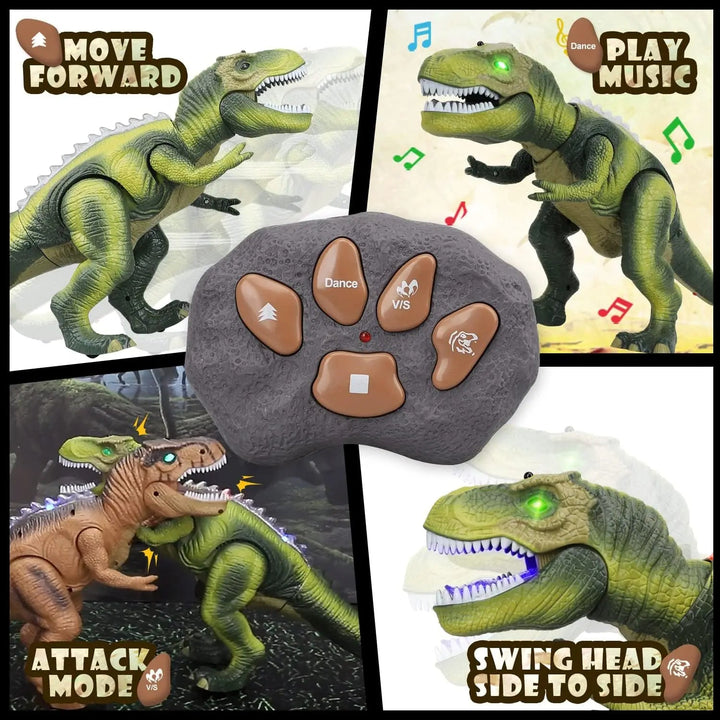 Roaring T-Rex RC dinosaur toy. Kids' remote control walking dinosaur with bright LED lights & sound effects.
