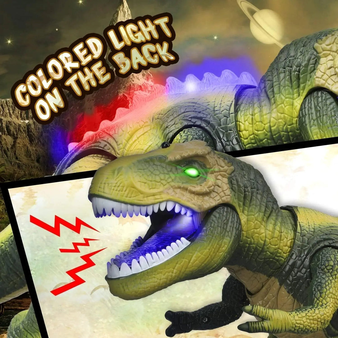 Fun kids' remote control T-Rex dinosaur with realistic roars, walking, & light-up eyes. Perfect gift.