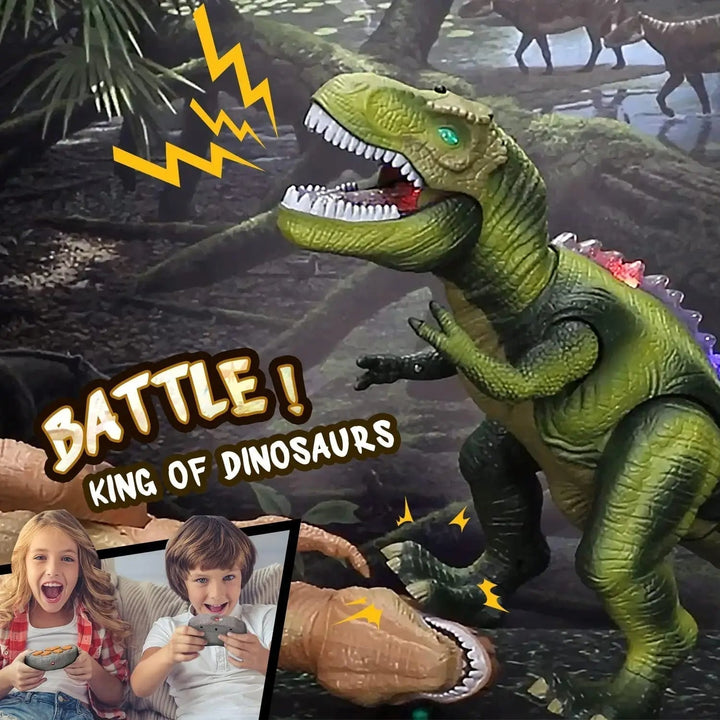 Remote control T-Rex dinosaur toy for kids, featuring walking motion, realistic roars, & flashing LED lights.
