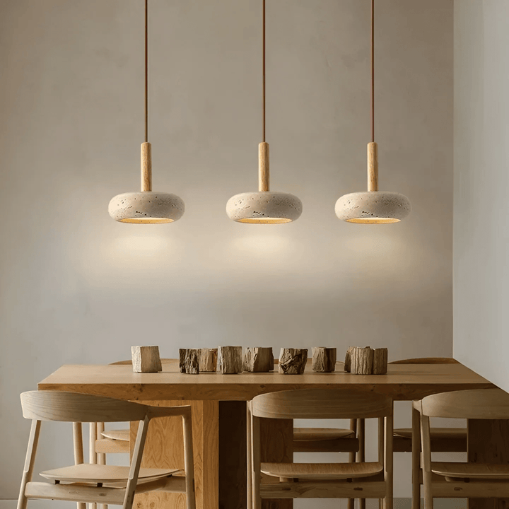 Retro LED ceiling light with natural wood frame & stone diffuser for modern homes.