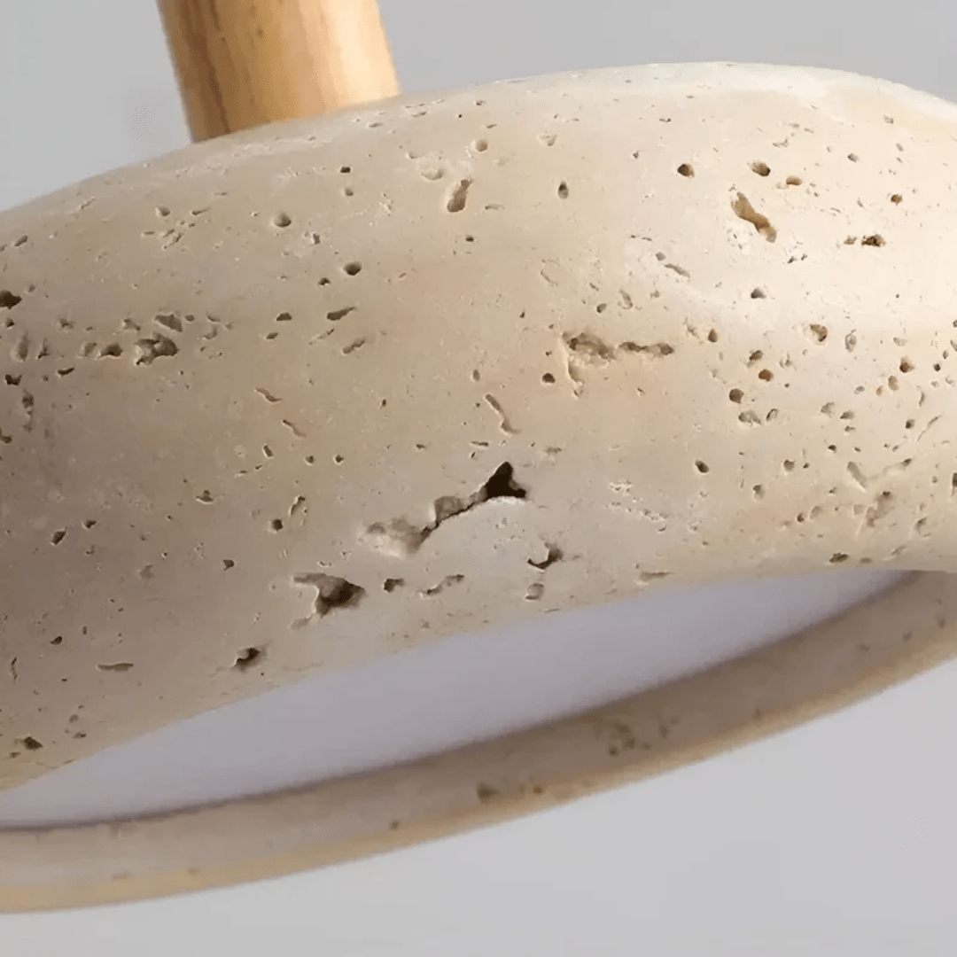 Designer retro LED ceiling light featuring unique natural wood & stone elements. Perfect ambient home decor.