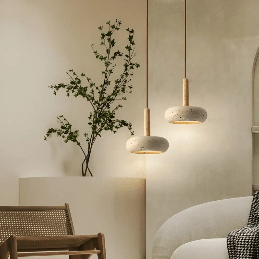Modern retro LED ceiling light. Handcrafted natural wood and stone design adds warmth to any room.