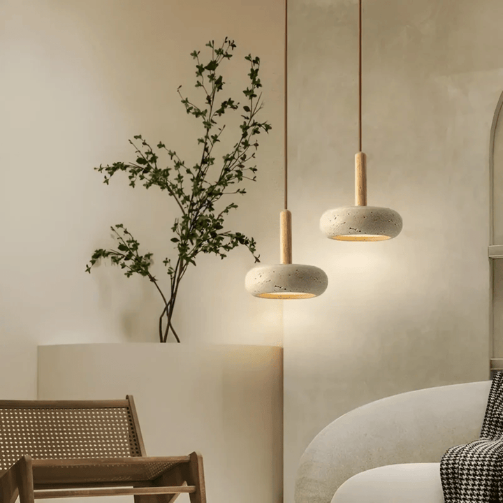 Modern retro LED ceiling light. Handcrafted natural wood and stone design adds warmth to any room.