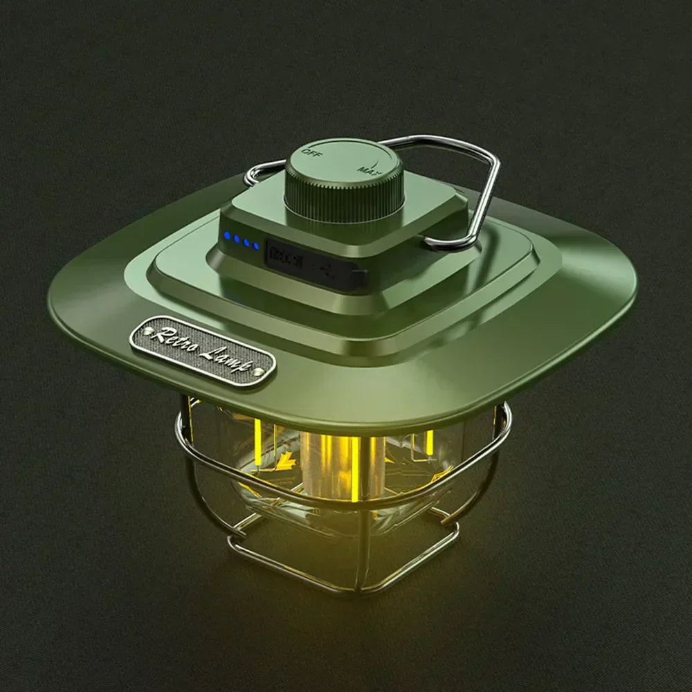 Retro rechargeable LED camping lantern, perfect for outdoor adventures and vintage camp lighting.
