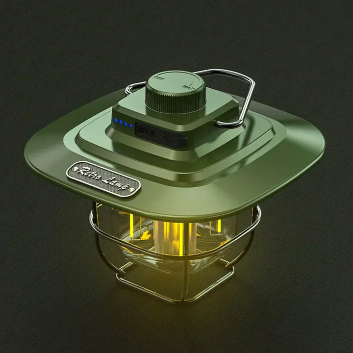 Retro rechargeable LED camping lantern, perfect for outdoor adventures and vintage camp lighting.