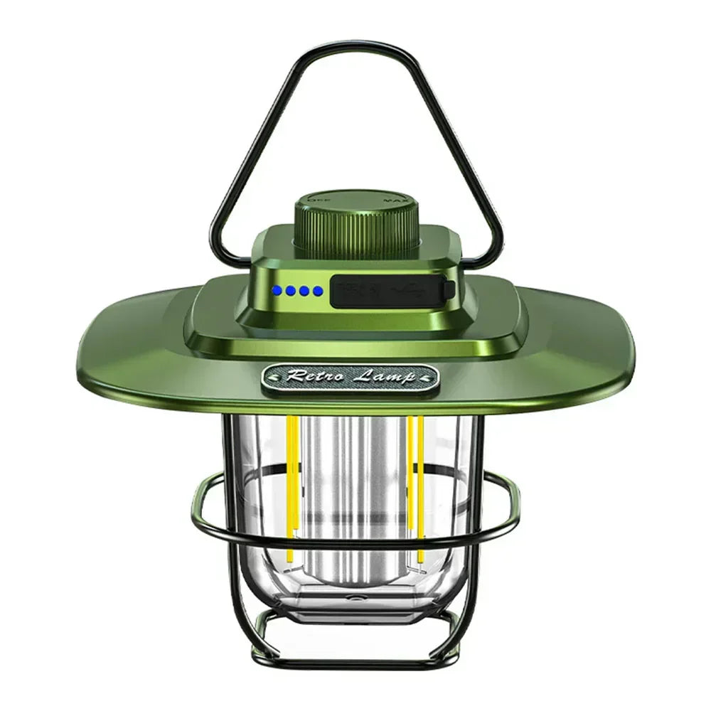 Portable retro LED camping lantern with rechargeable battery, ideal for outdoor light and vintage camp setups.