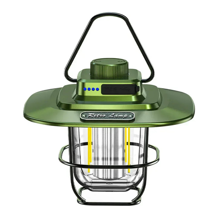 Portable retro LED camping lantern with rechargeable battery, ideal for outdoor light and vintage camp setups.