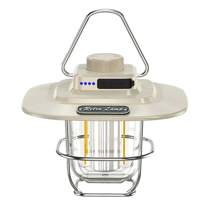 Stylish vintage LED camping lantern, rechargeable and portable, great for adding retro light to any camp.