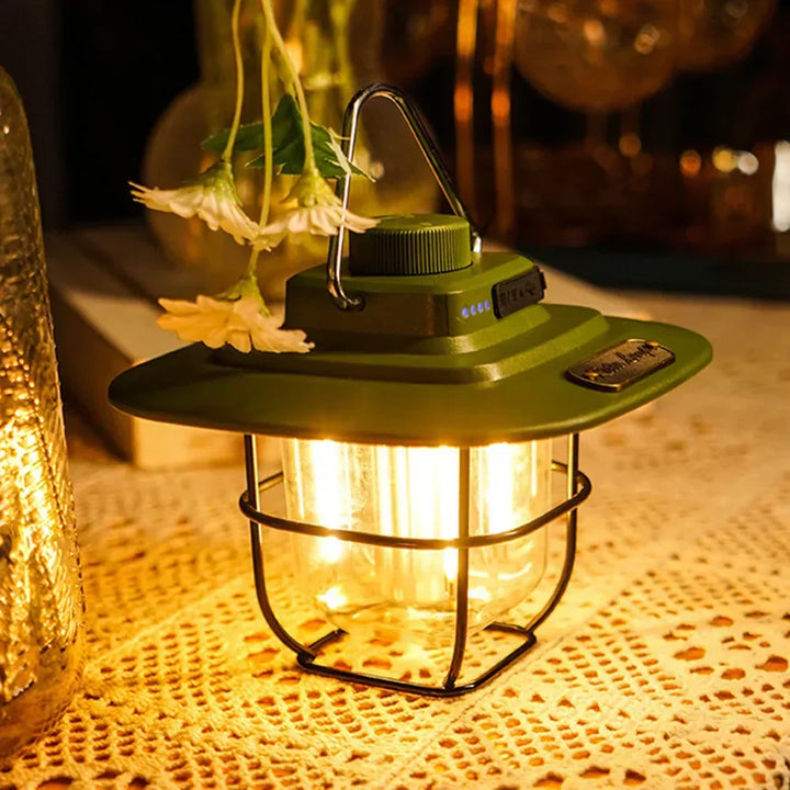 Modern rechargeable LED camping lantern with classic retro design, bright outdoor light for any adventure.