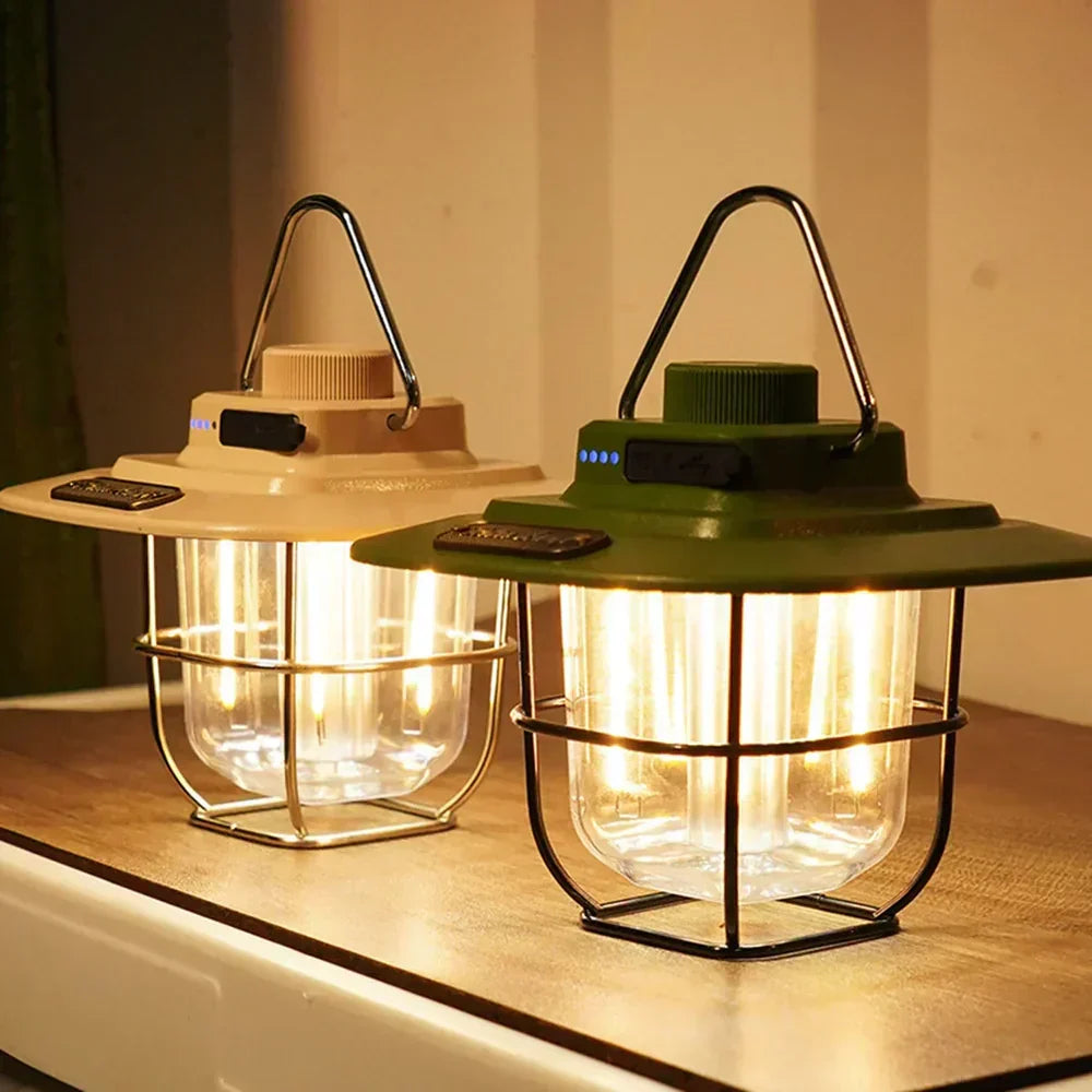 Unisex retro LED lantern for camping, outdoor light, and emergency use. Rechargeable and portable vintage design.