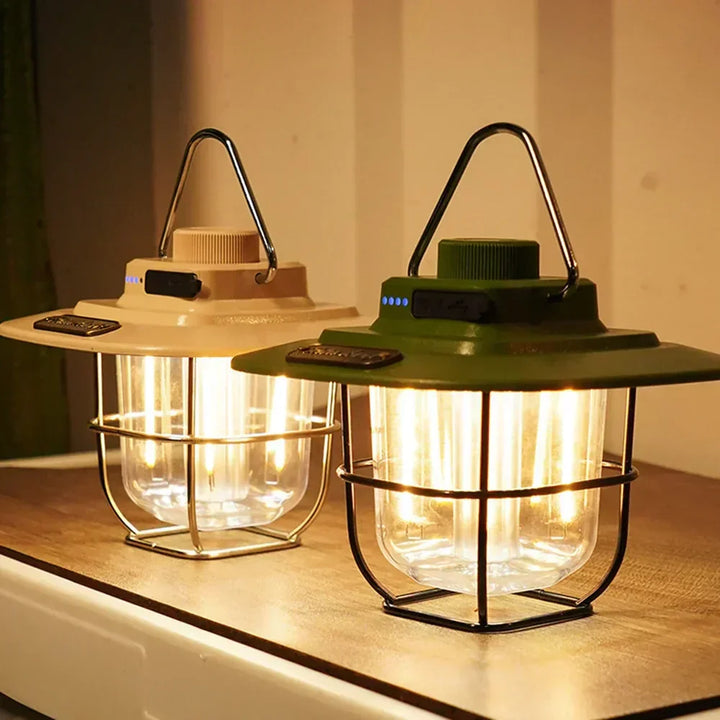 Unisex retro LED lantern for camping, outdoor light, and emergency use. Rechargeable and portable vintage design.